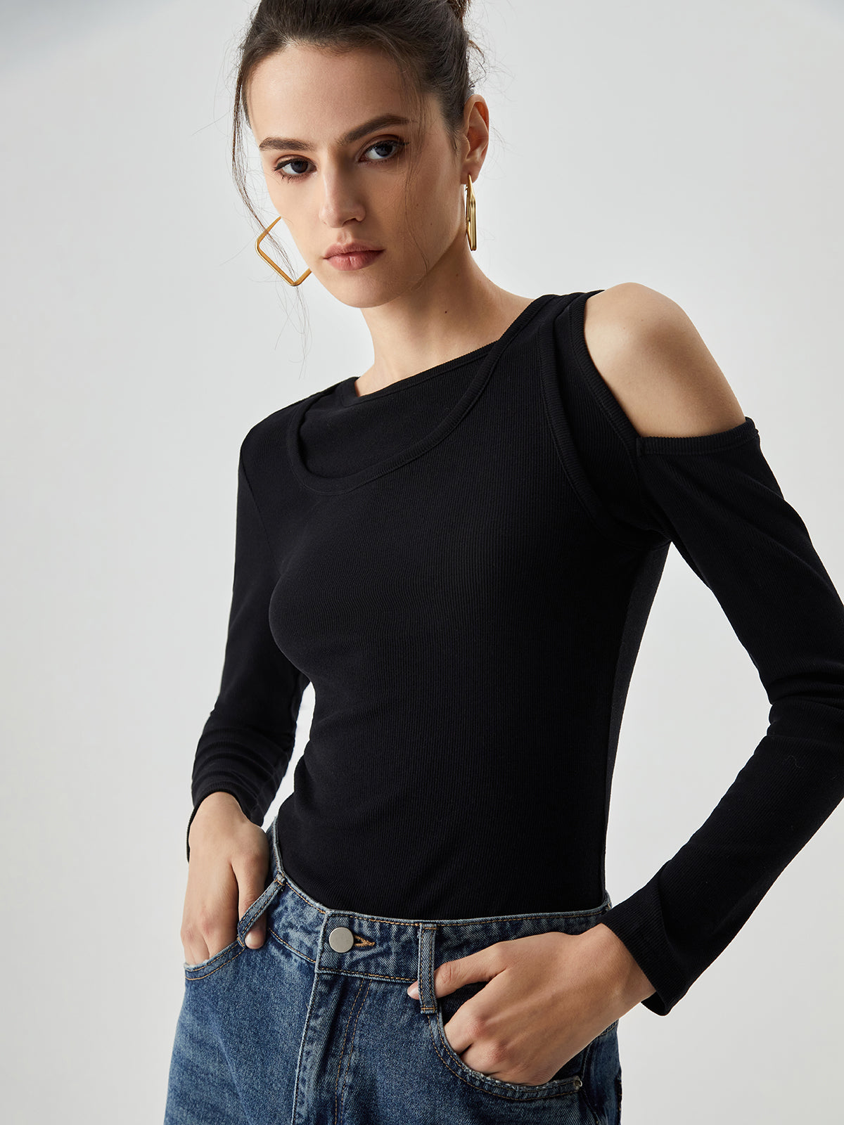 Asymmetrical Shoulder Cut Out Modern Long Sleeve Solid Top