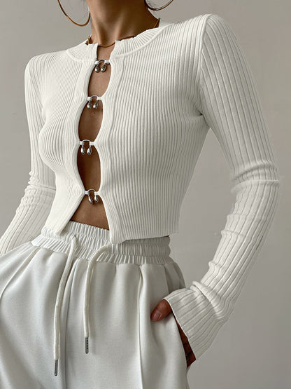 Cutout Split Beads Trendy Detail Ribbed Knit Top