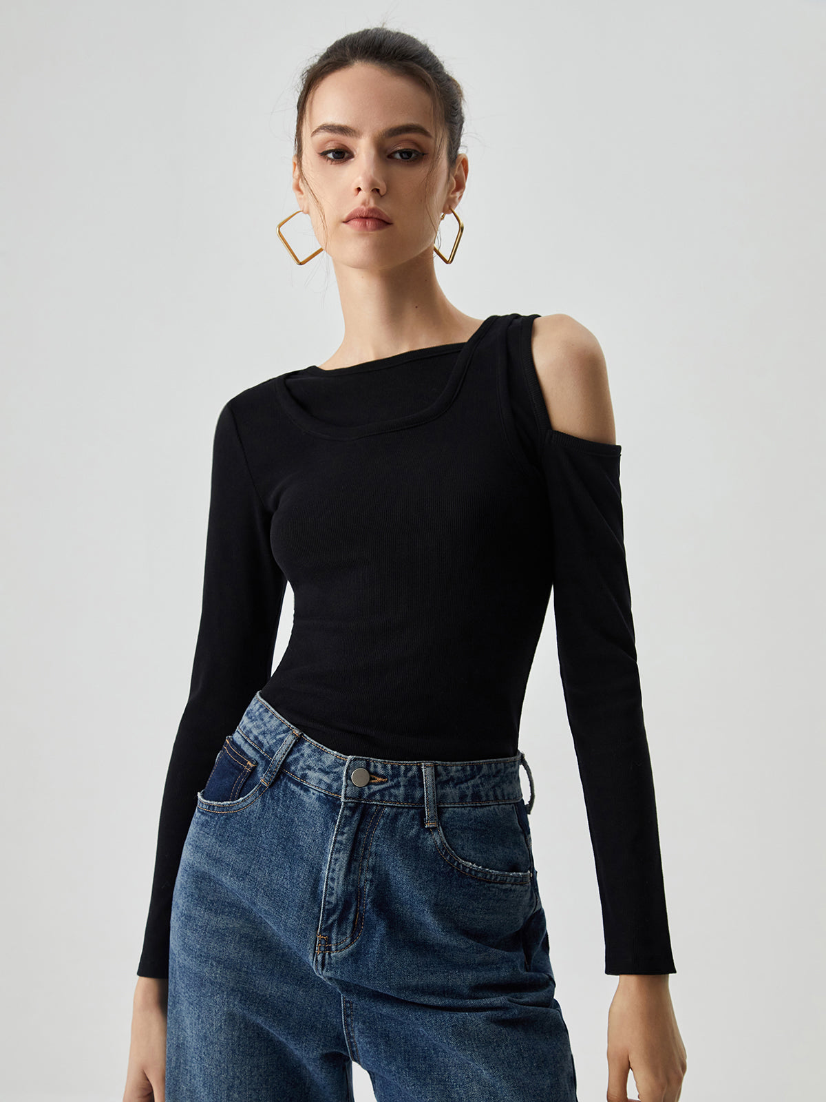 Asymmetrical Shoulder Cut Out Modern Long Sleeve Solid Top