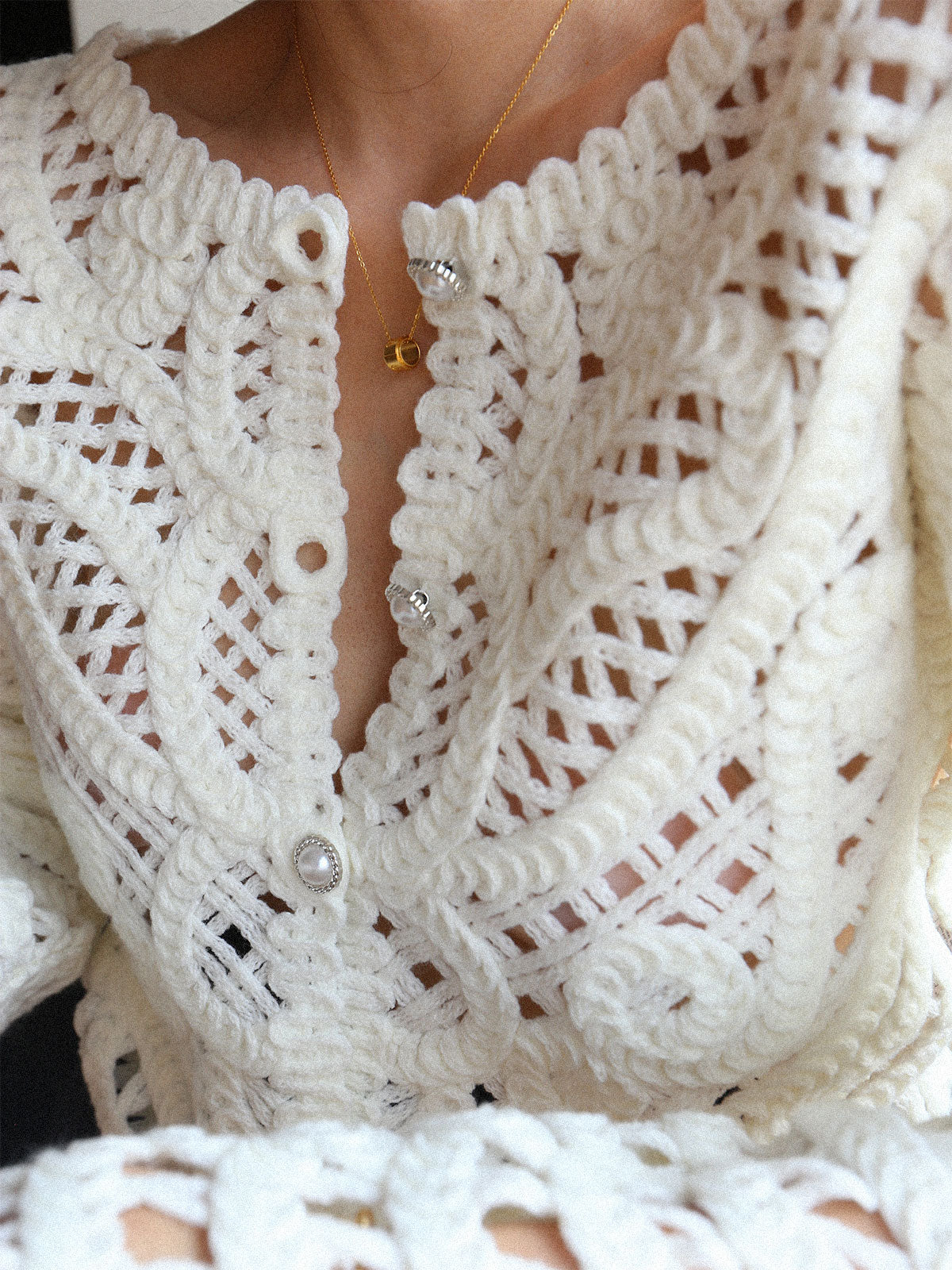 Crocheted Hollow Graceful Beaded Button Cardigan