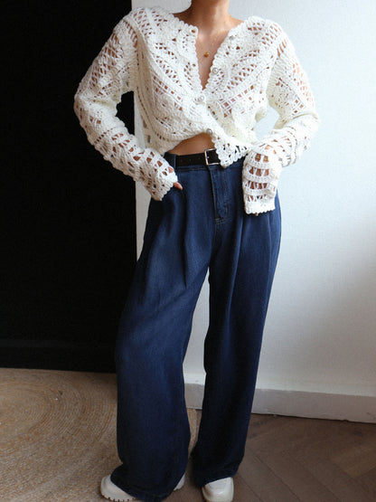 Crocheted Hollow Graceful Beaded Button Cardigan