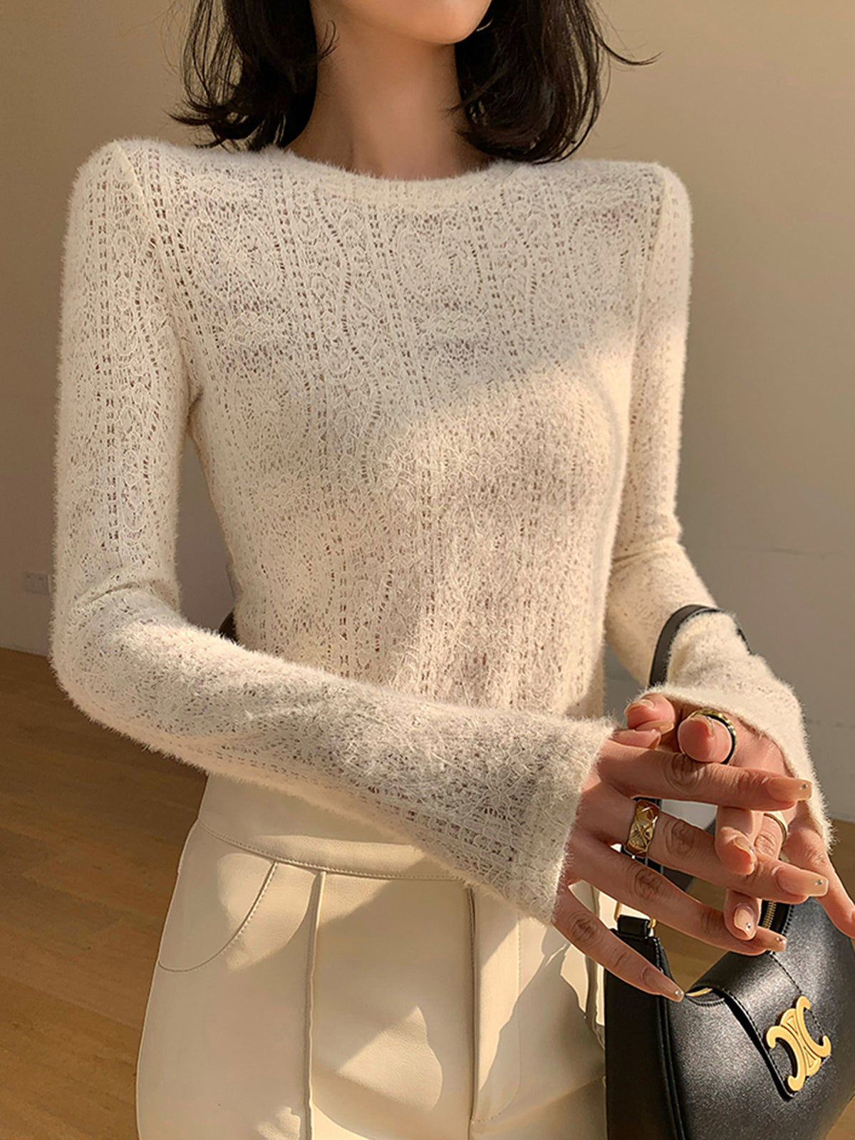 Floral Hollow Knit Crew Modern Neck Long Sleeve Top