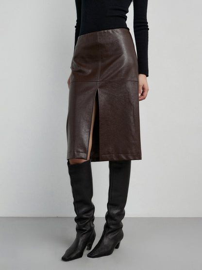 Faux Leather Midi Trendy Waist Split Midi Skirt