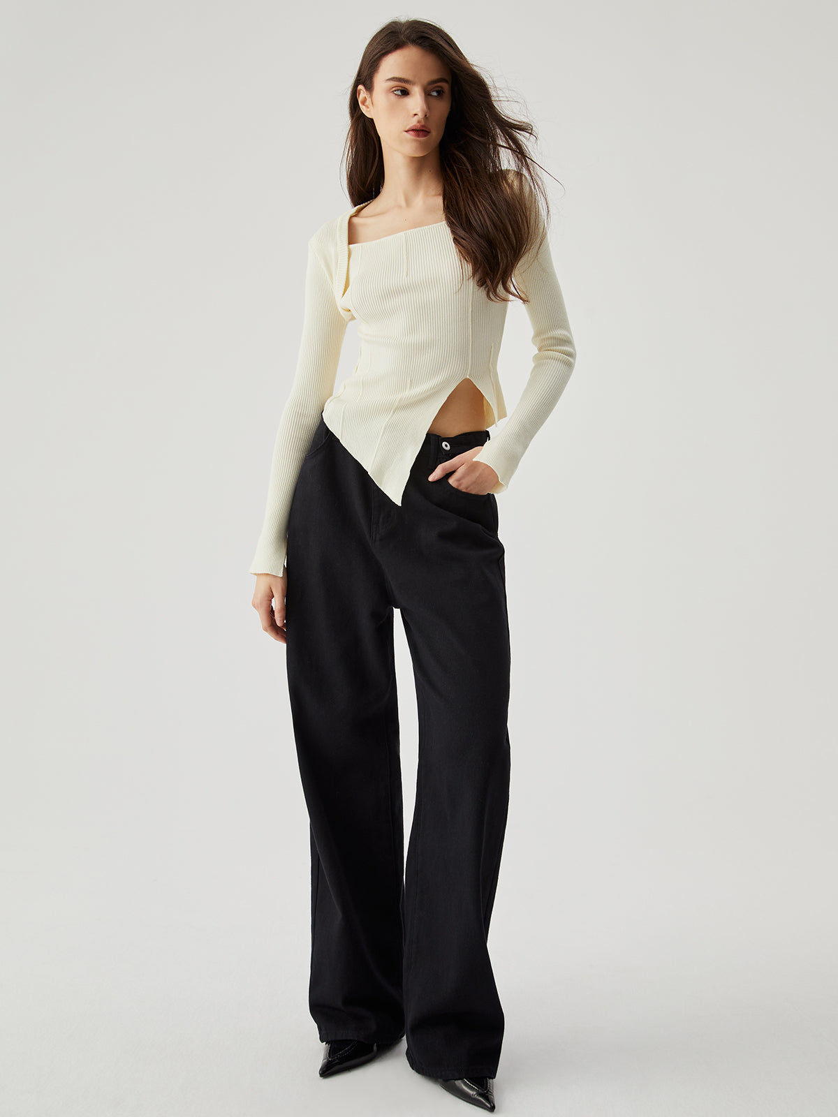 Asymmetrical Split Square Neck Modern Long Sleeve Knit Top