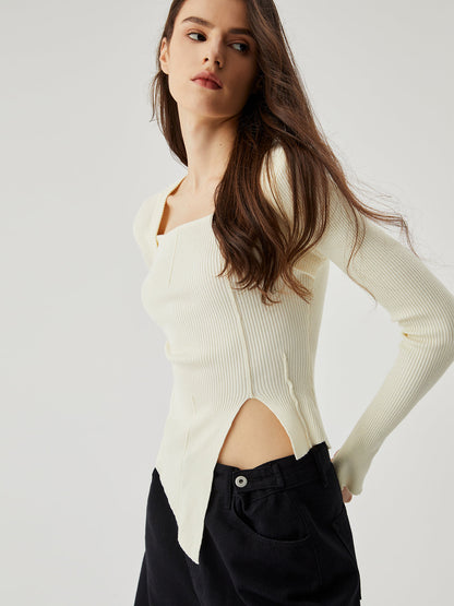 Asymmetrical Split Square Neck Modern Long Sleeve Knit Top