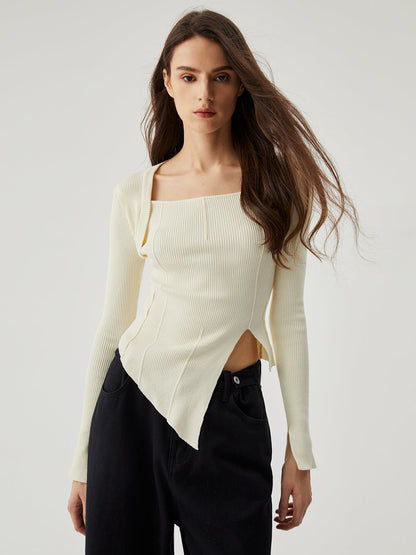 Asymmetrical Split Square Neck Modern Long Sleeve Knit Top