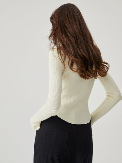 Asymmetrical Split Square Neck Modern Long Sleeve Knit Top