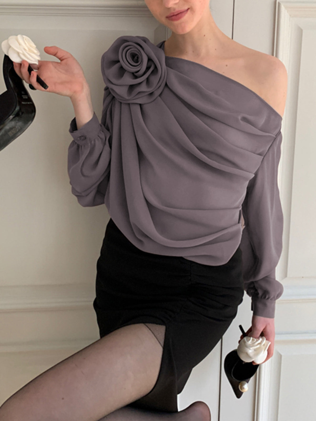 Chiffon Semi-sheer One Trendy Shoulder Asymmetrical Top