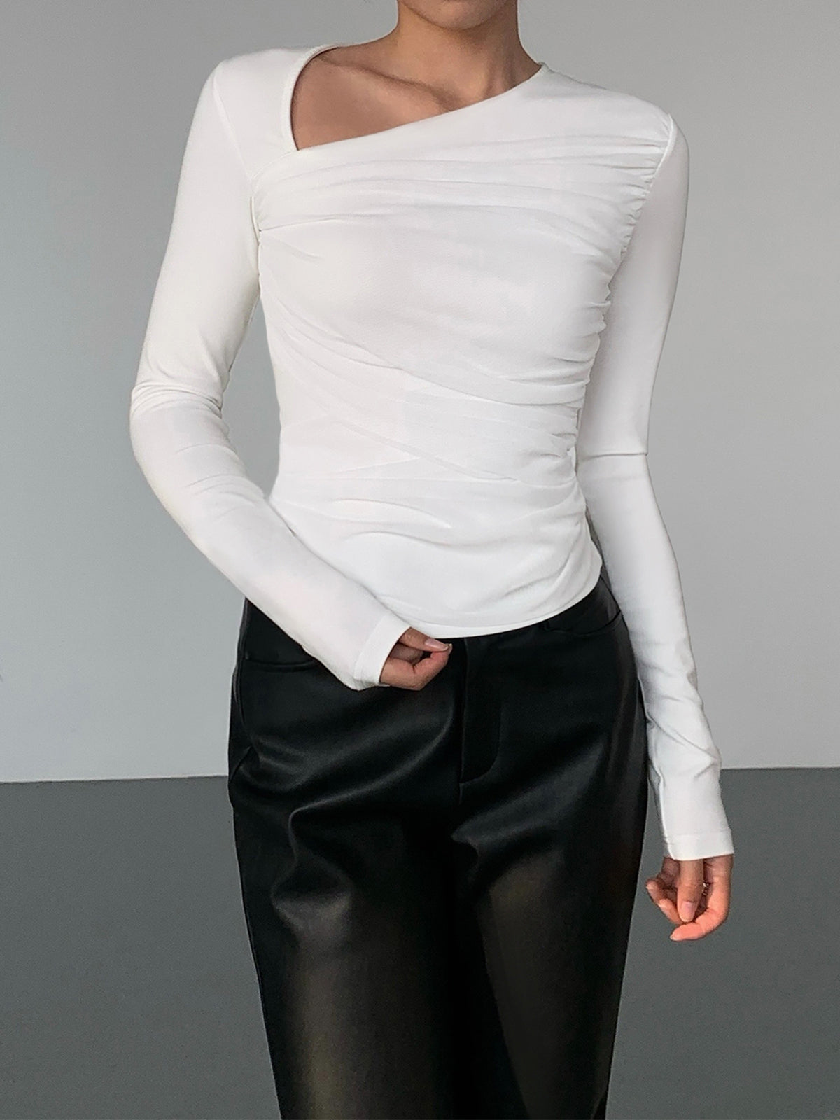 Asymmetrical Patchwork Ribbed Trendy Knit Ruched Mesh Top