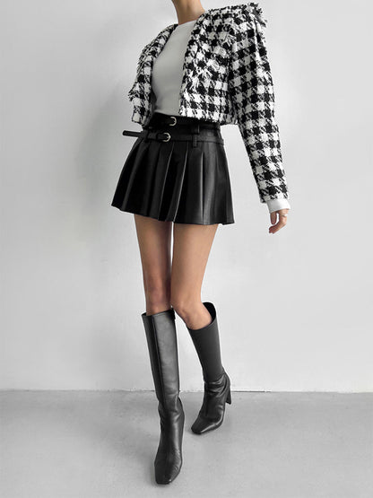 Faux Leather Belt Trendy Pleated Short Skirt