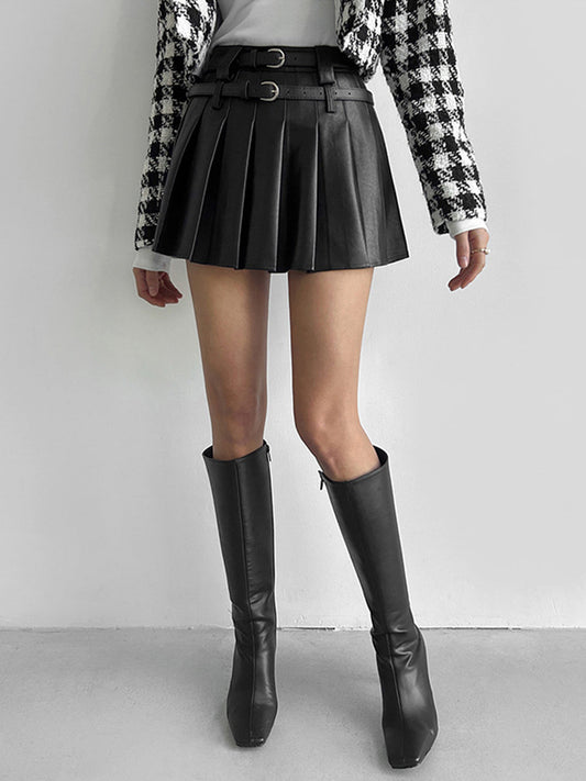 Faux Leather Belt Trendy Pleated Short Skirt