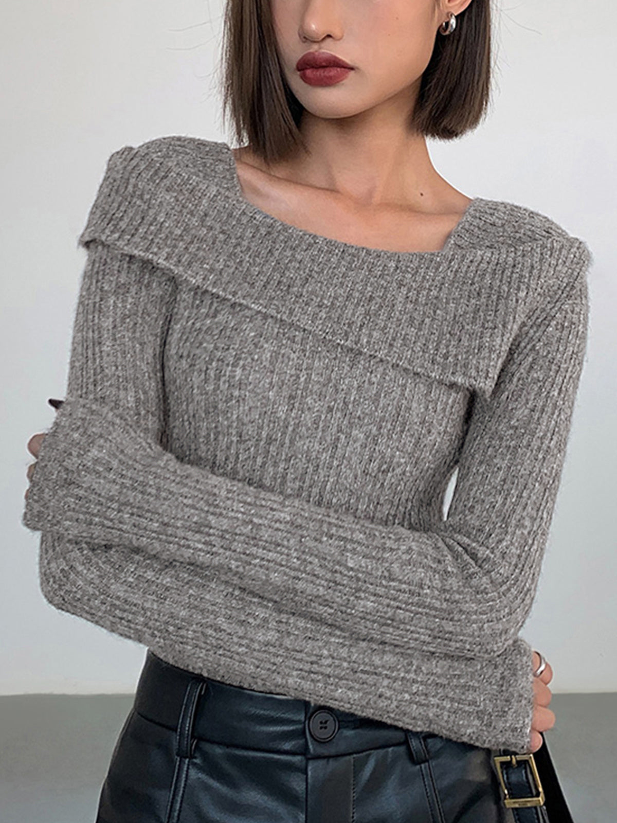 Asymmetric Overfold Square Neck Modern Long Sleeve Knit Top