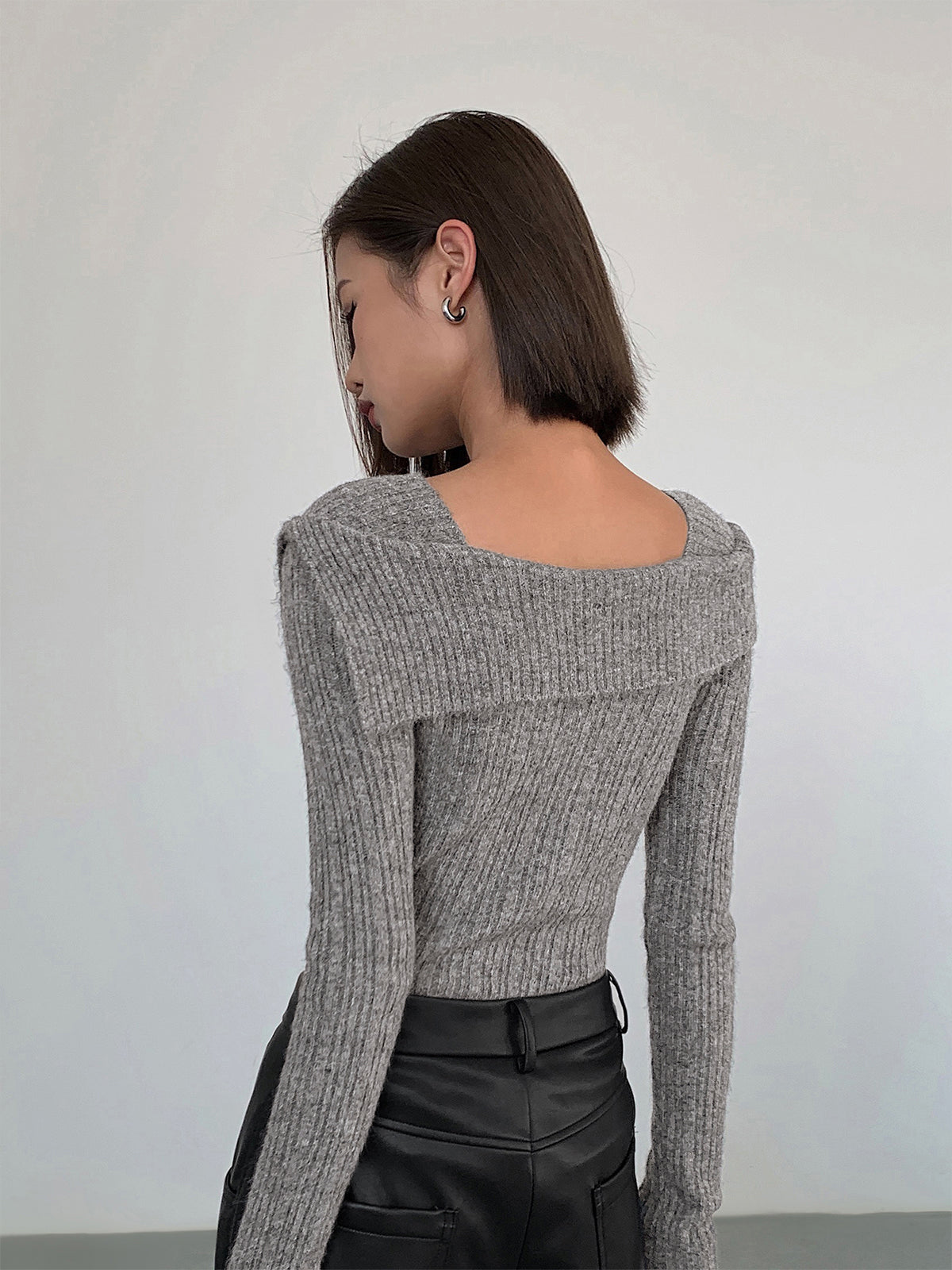 Asymmetric Overfold Square Neck Modern Long Sleeve Knit Top