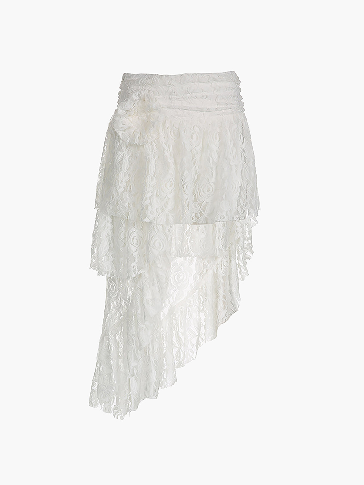 Asymmetric Flower Lace Trendy Ruffles Pleated Long Skirt