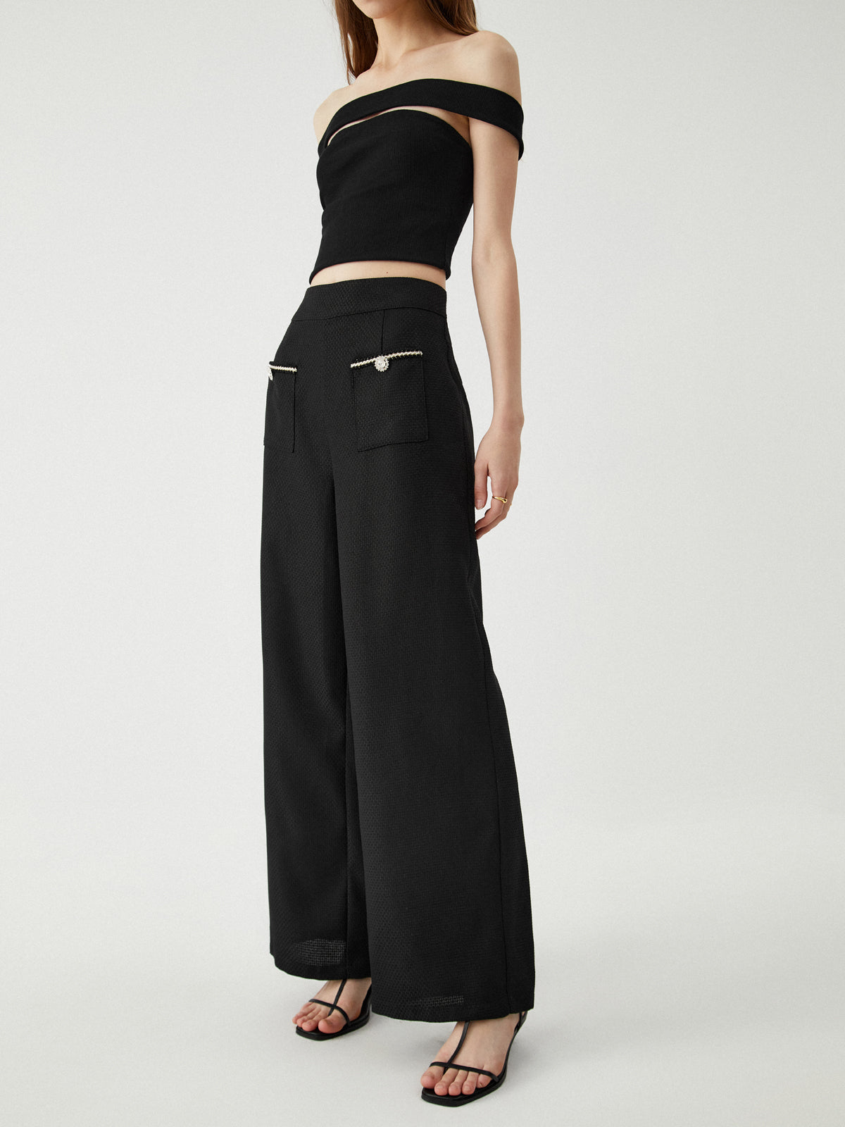 Contrast Trim Pocket Trendy Wide Leg Pants