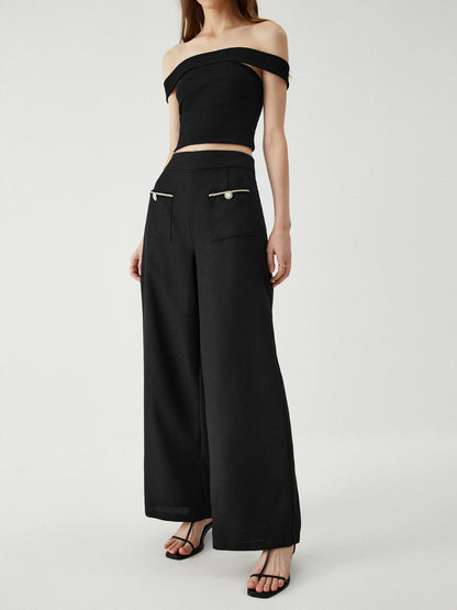 Contrast Trim Pocket Trendy Wide Leg Pants