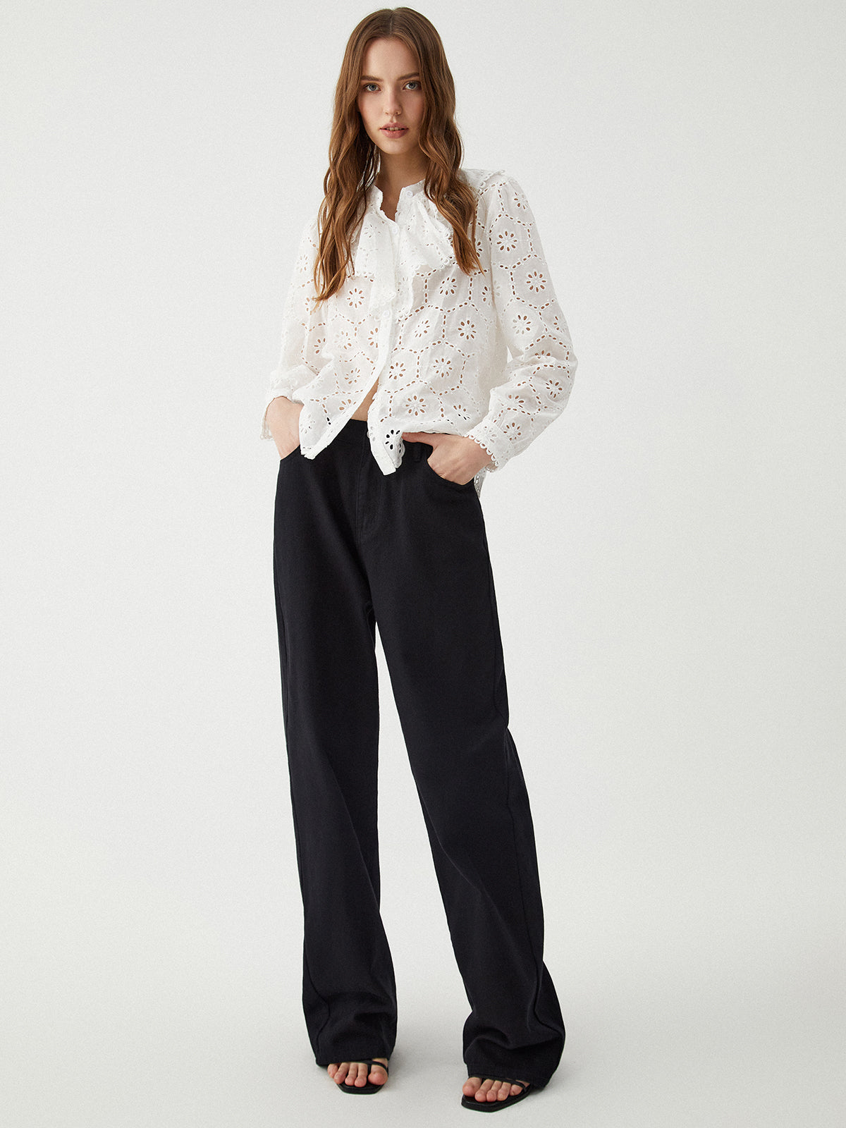 Cotton Ruffle Graceful Eyelet Blouse