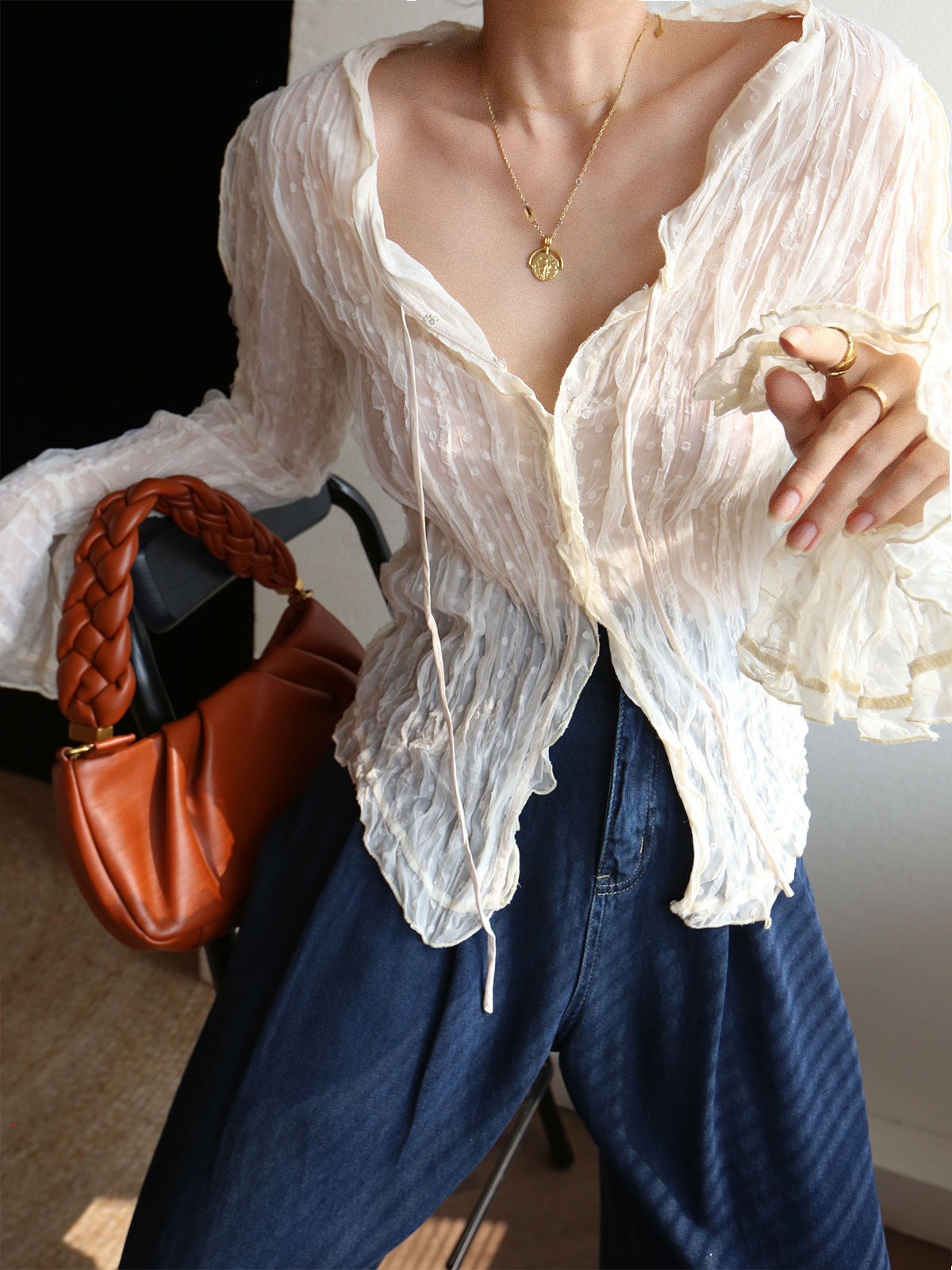 Chiffon Sheer Lettuce Trendy Trim Long Sleeve Shirt