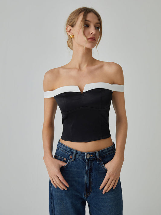 Contrast Trim Graceful Off-Shoulder Blouse