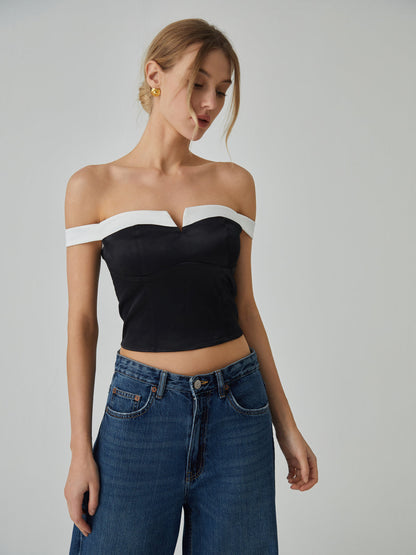 Contrast Trim Graceful Off-Shoulder Blouse