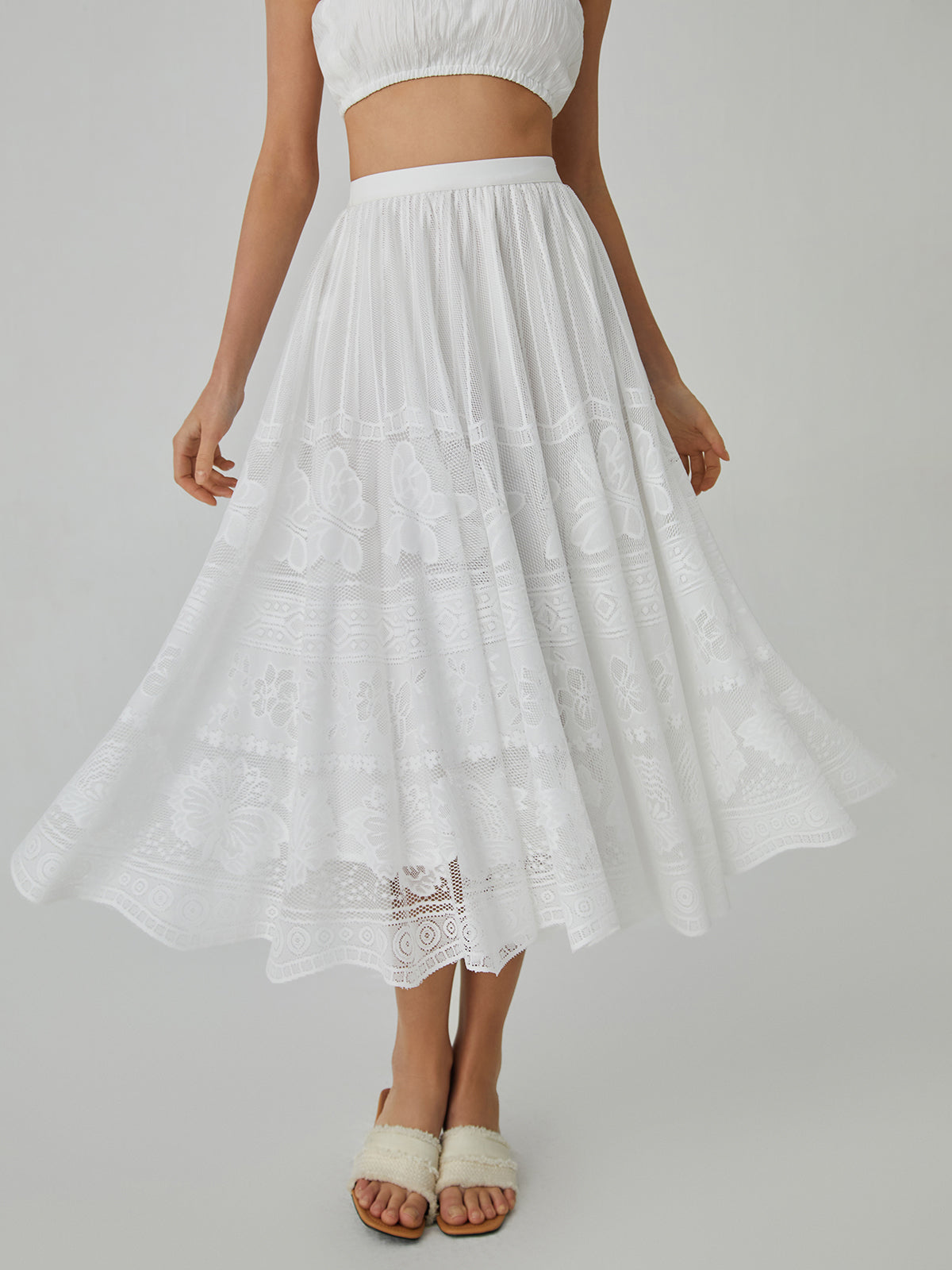 Butterfly Pattern Graceful Eyelet Midi Skirt