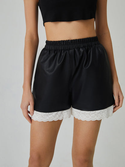 Faux Leather Graceful Lace Patchwork Shorts