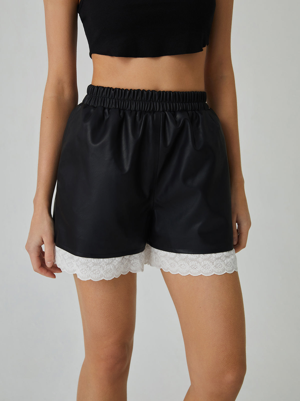 Faux Leather Graceful Lace Patchwork Shorts