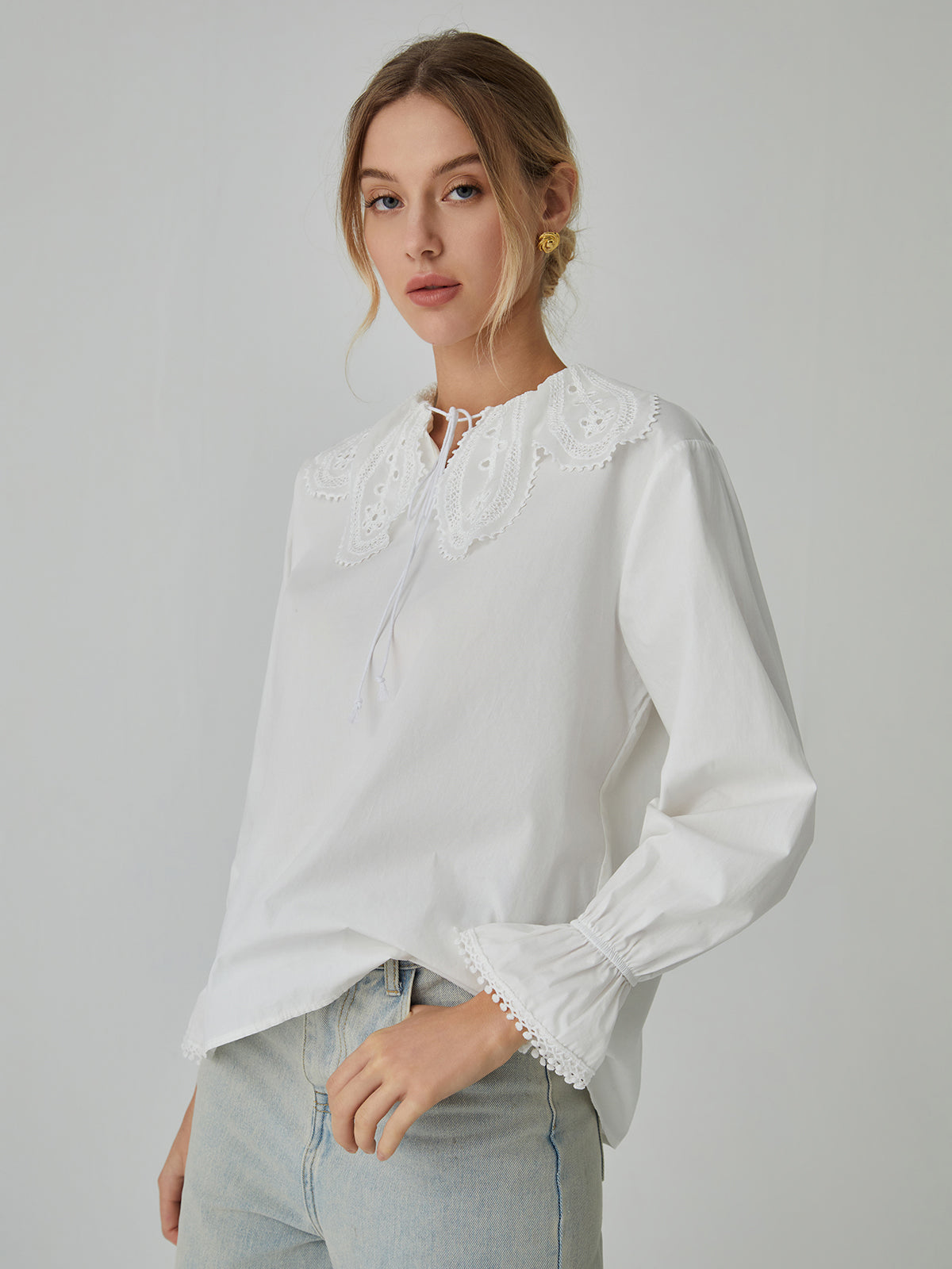 Cotton Lace Graceful Trim Tie-Front Shirt