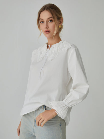 Cotton Lace Graceful Trim Tie-Front Shirt