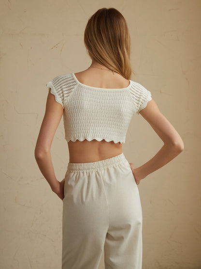 Cotton Eyelet Lettuce Trendy Trim Crop Knit Top