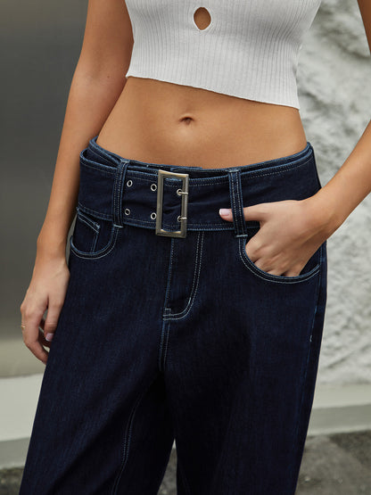 Casual Straight Leg Trendy Jeans With Belt