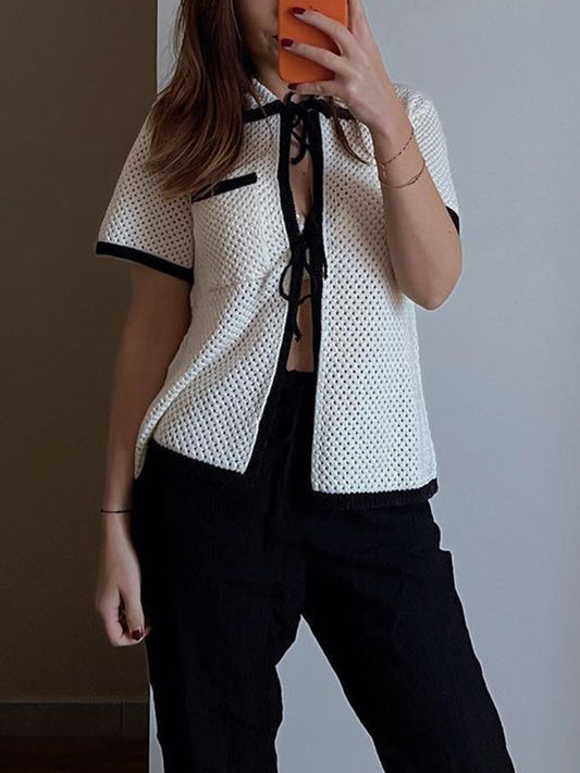 Eyelet Contrast Graceful Trim Tie-Front Cardigan