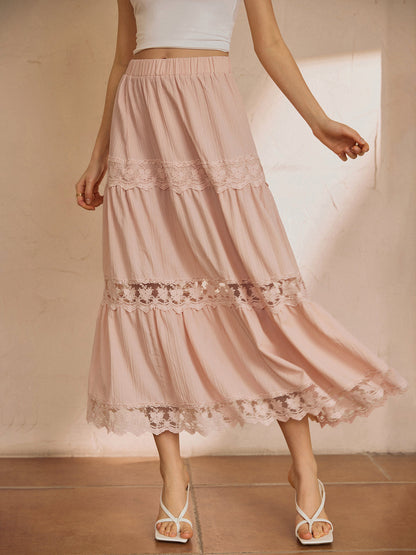 Cotton Blends Lace Trendy Trim Maxi Skirt