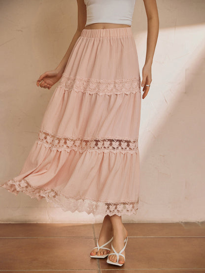 Cotton Blends Lace Trendy Trim Maxi Skirt