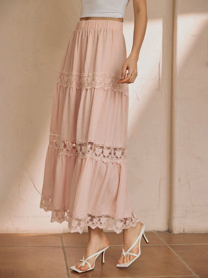 Cotton Blends Lace Trendy Trim Maxi Skirt