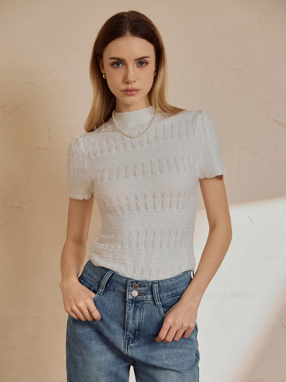 Eyelet Short Sleeve Trendy Snug Knit Top