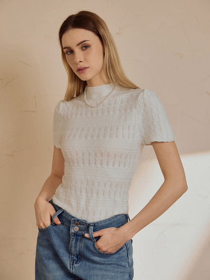 Eyelet Short Sleeve Trendy Snug Knit Top