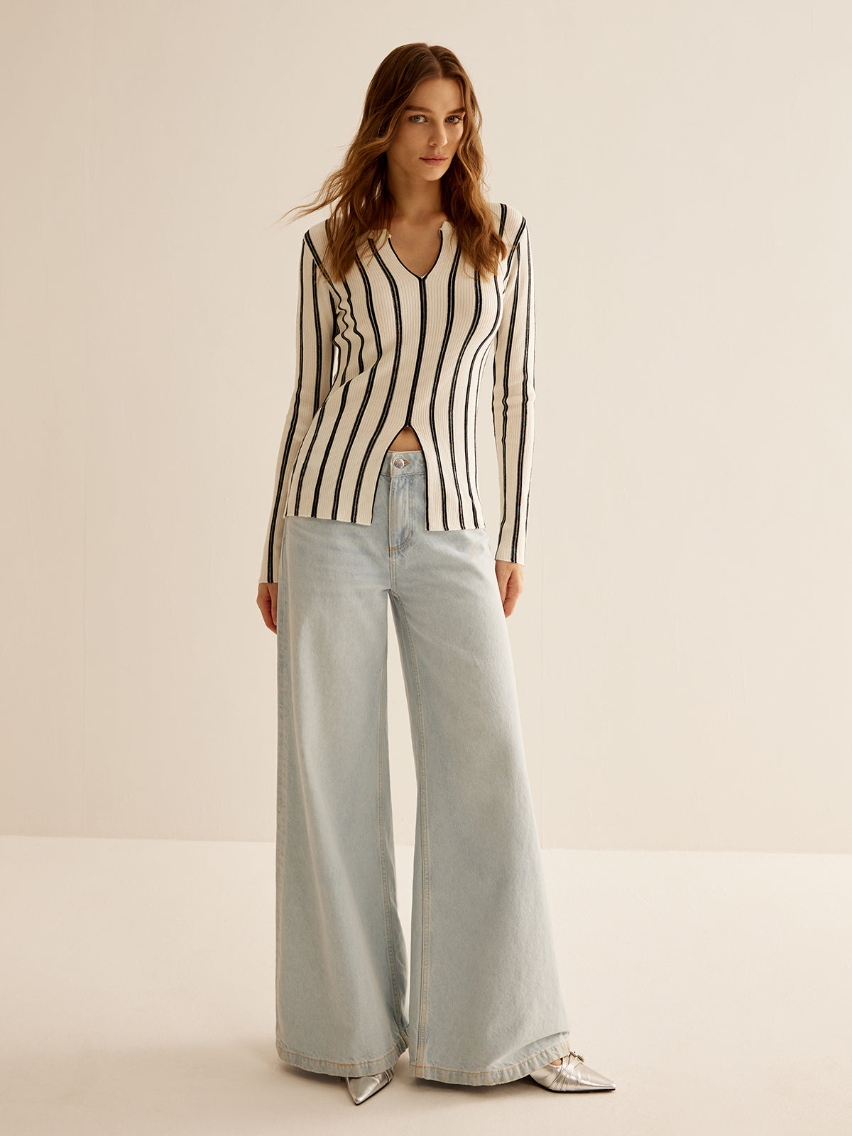 Split Pinstripe Slim Knit Top Knit Tops