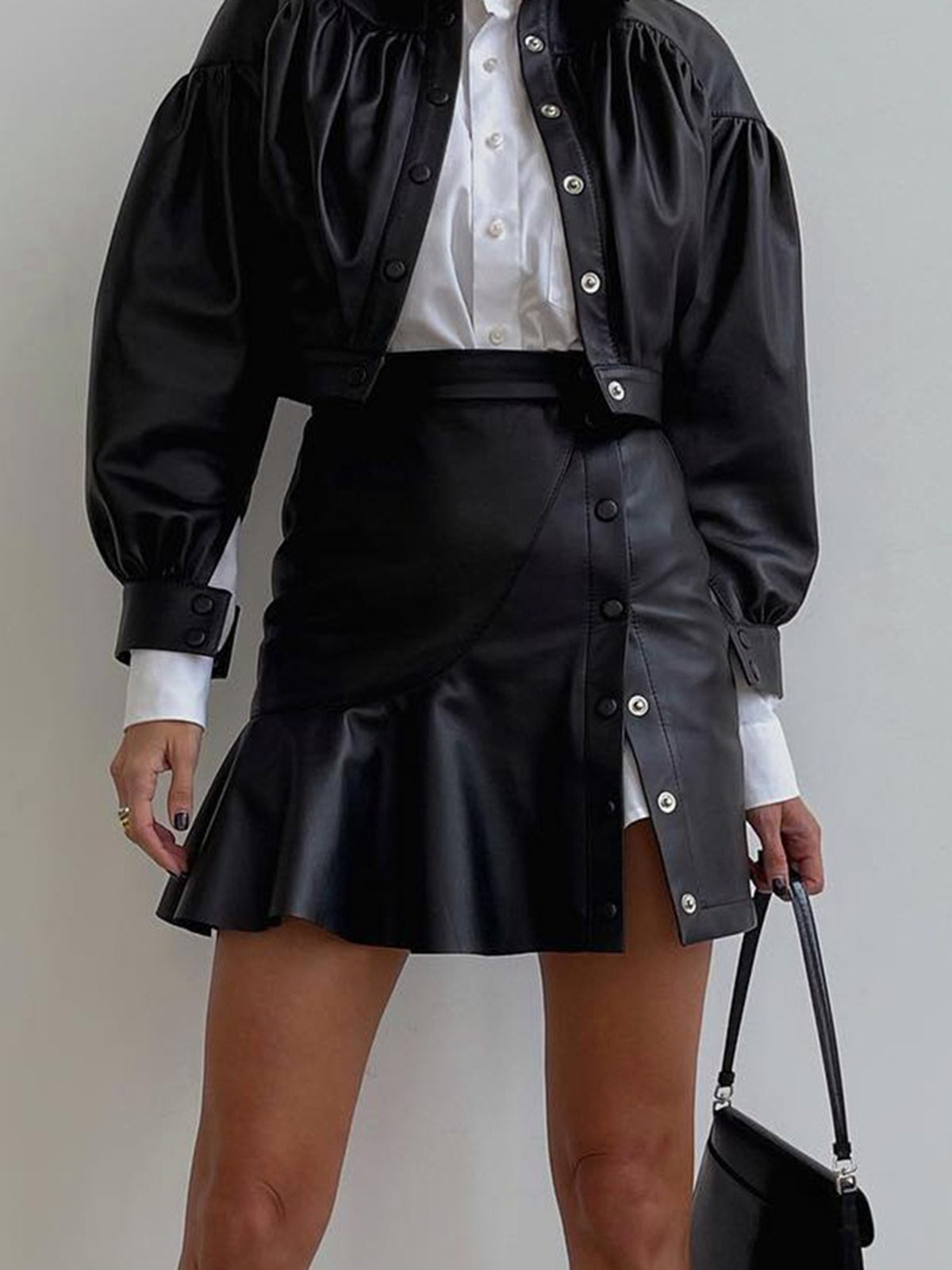 Ruffle Button Clasp PU Leather Skirt Skirts