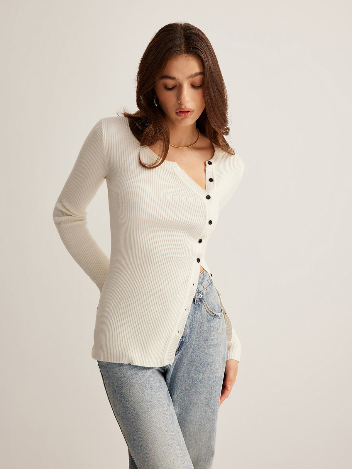 Plain Asymmetrical Breasted Sweater Sweaters