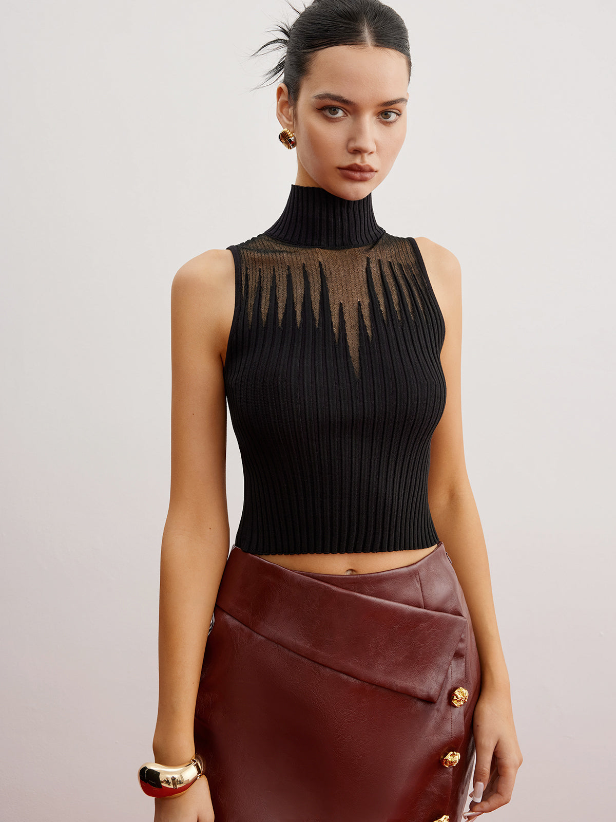 Crop Sheer Panel Sweater Vest Sweater Vests