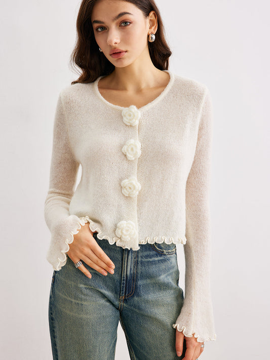 Wool Blend Lettuce Trim 3D Flower Cardigan Beige / XS Cardigans