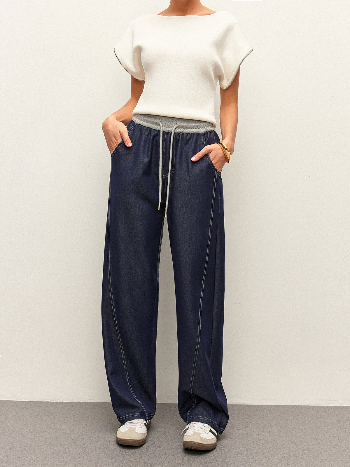 High Waist Drawstring Denim Pants With Pockets Pants