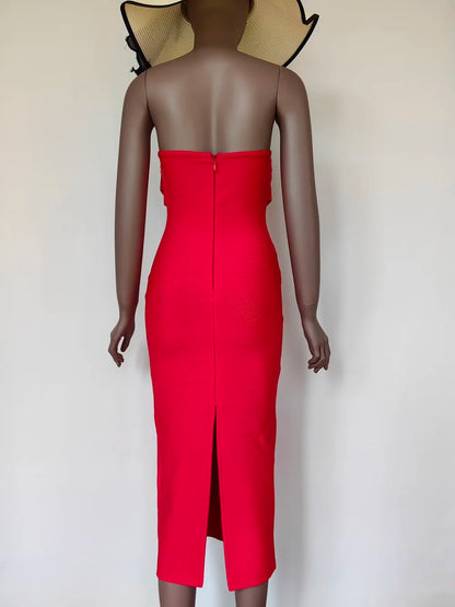 Sexy Strapless Backless Split Bustier Red Christmas Party Dress