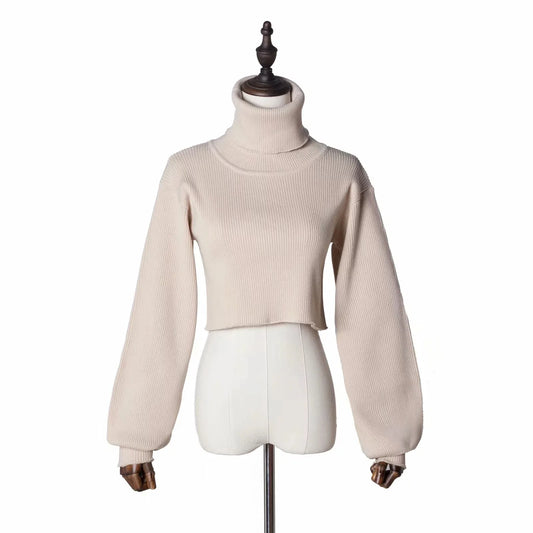 Trendy Casual Loose Sexy Fashionable Solid Turtleneck Long Sleeve Knit Crop Christmas Sweater Khaki