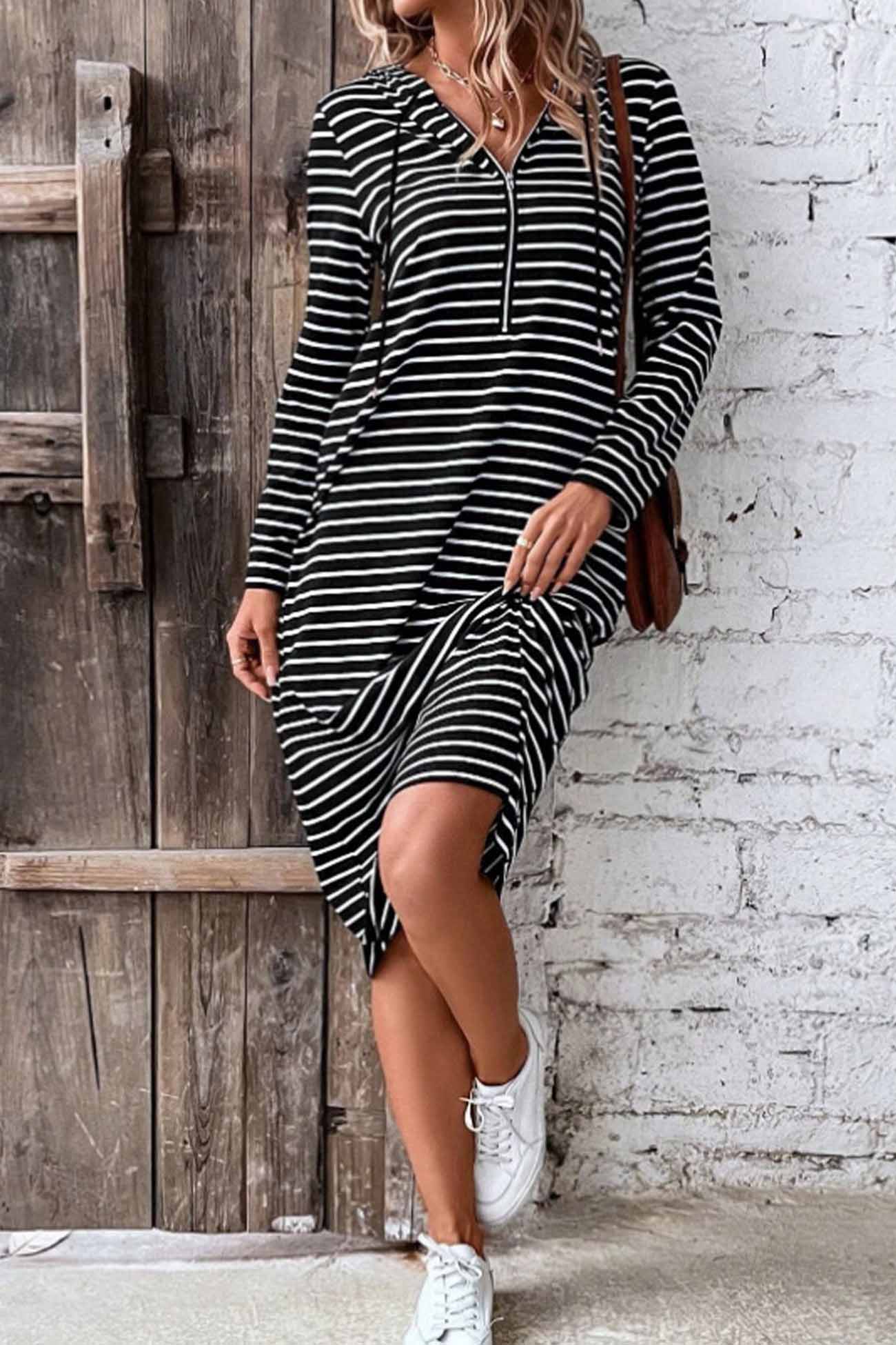 Long Sleeve Hooded Dress with Stripes