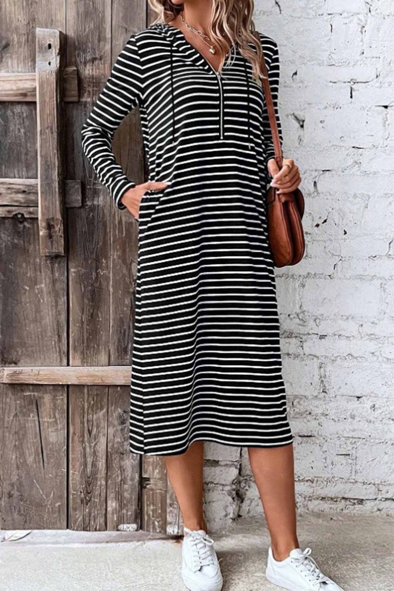 Long Sleeve Hooded Dress with Stripes