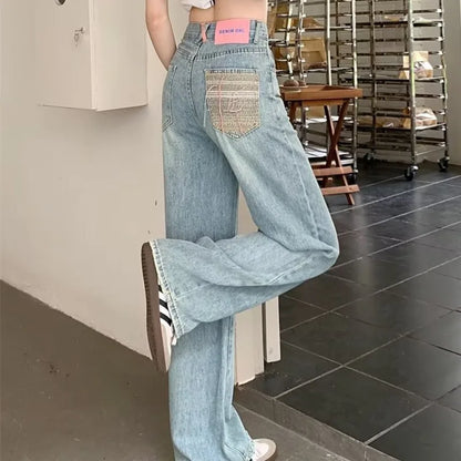 Baby Blue Loose Straight Thin Summer Tassel Versatile Trend Women's Jean