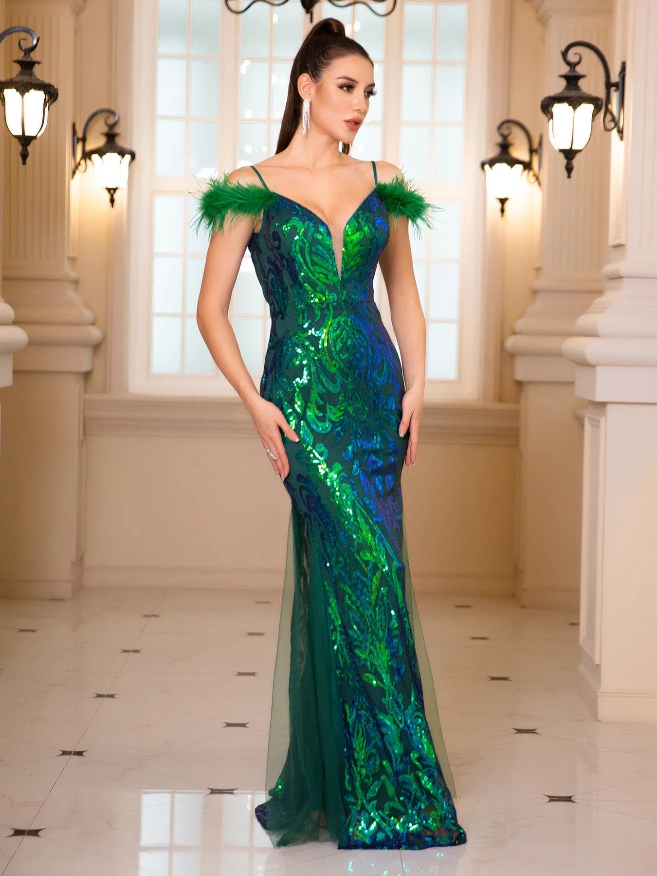 Backless Green Sequin Party Dress Partydress-241208