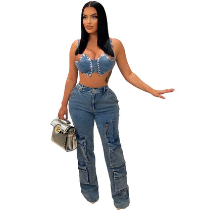 Baggy Pocket Denim Wide Leg High Waist Cargo Y2K Streetwear Fashion Denim 2024 Summer Clothes Jean